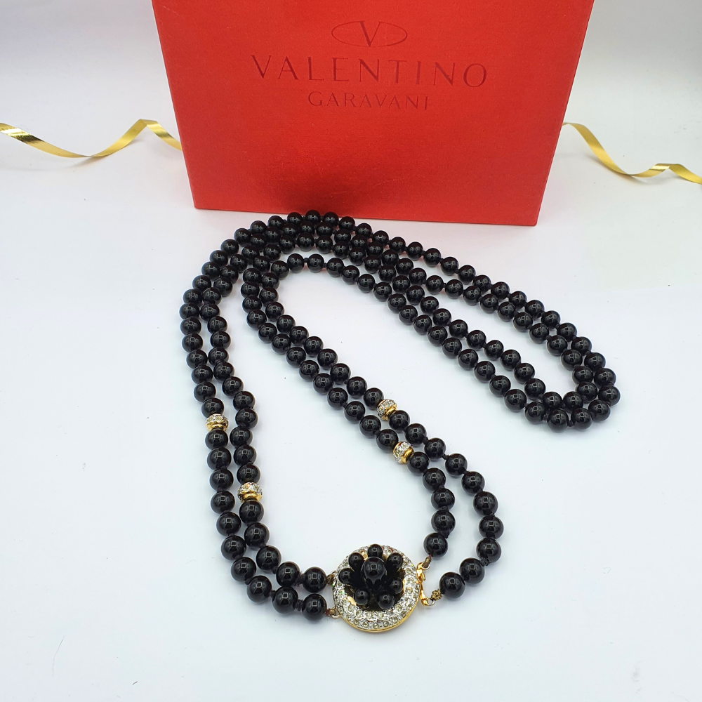Valentino Garavani Vintage Necklace – Black Glass Beads with Rhinestone Clasp