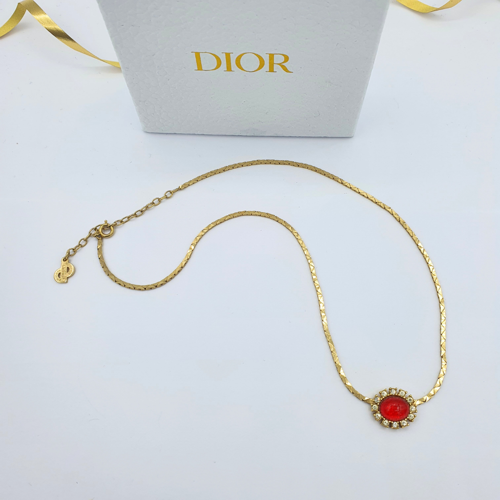Vintage Christian Dior Bright Red Cabochon Necklace – view 2
