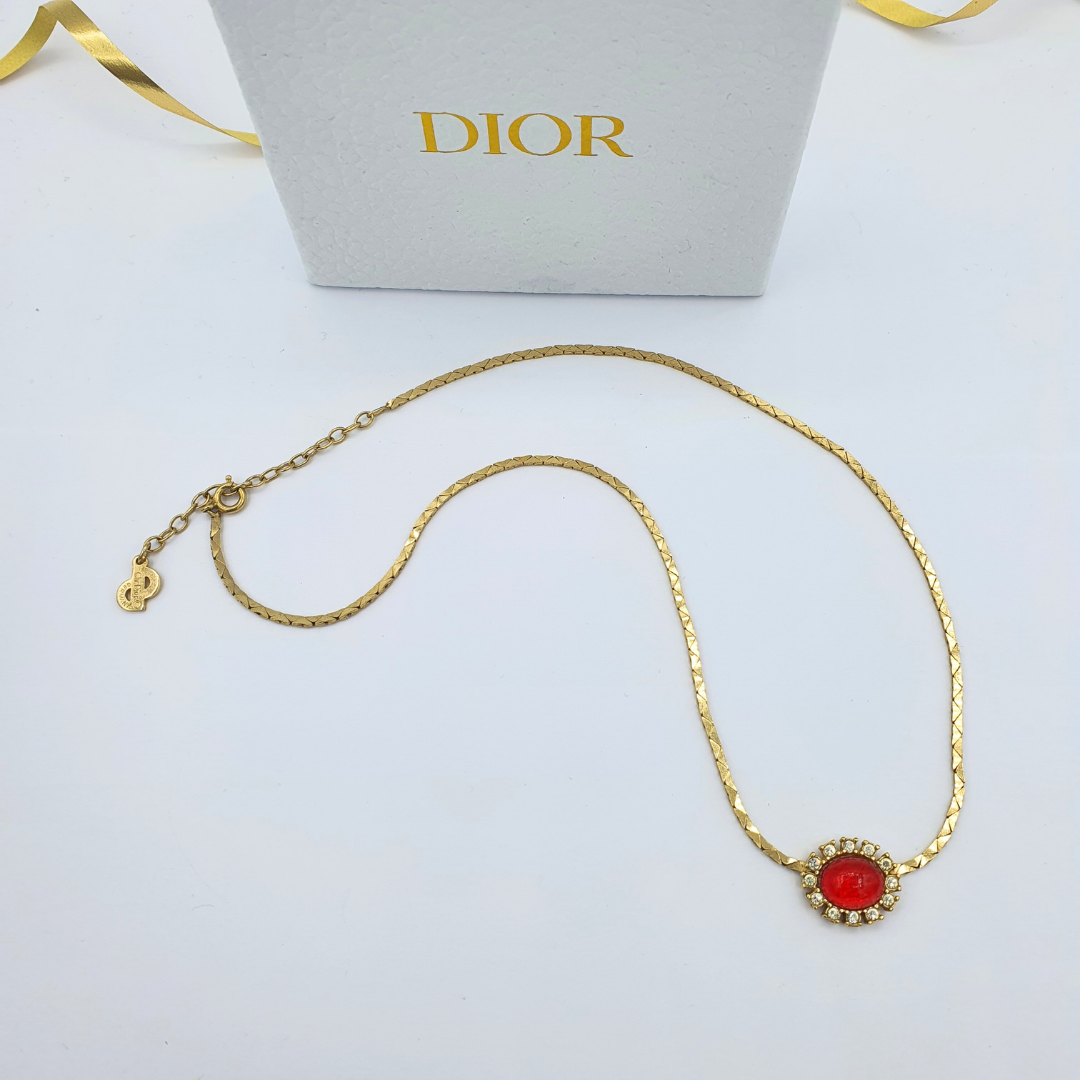 Vintage Christian Dior Bright Red Cabochon Necklace – view 2