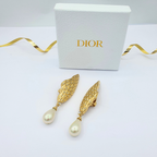 Vintage Christian Dior Leaf-Shaped Pearl Clip Earrings