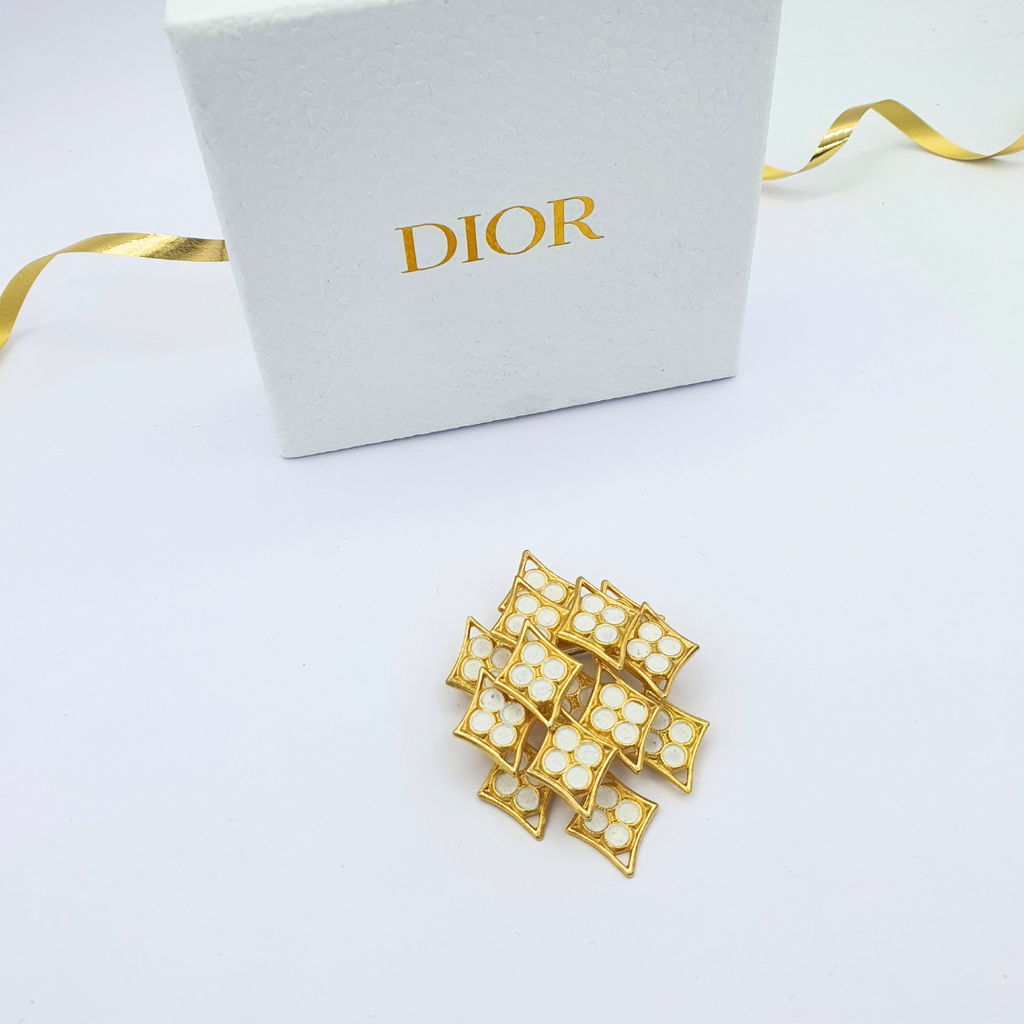 Vintage Christian Dior Diamond-Shaped White Enamel Brooch 1968