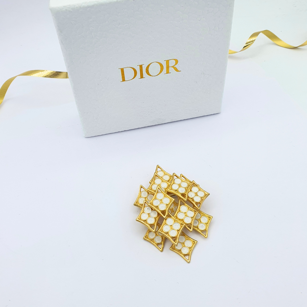 Vintage Christian Dior Diamond-Shaped White Enamel Brooch 1968