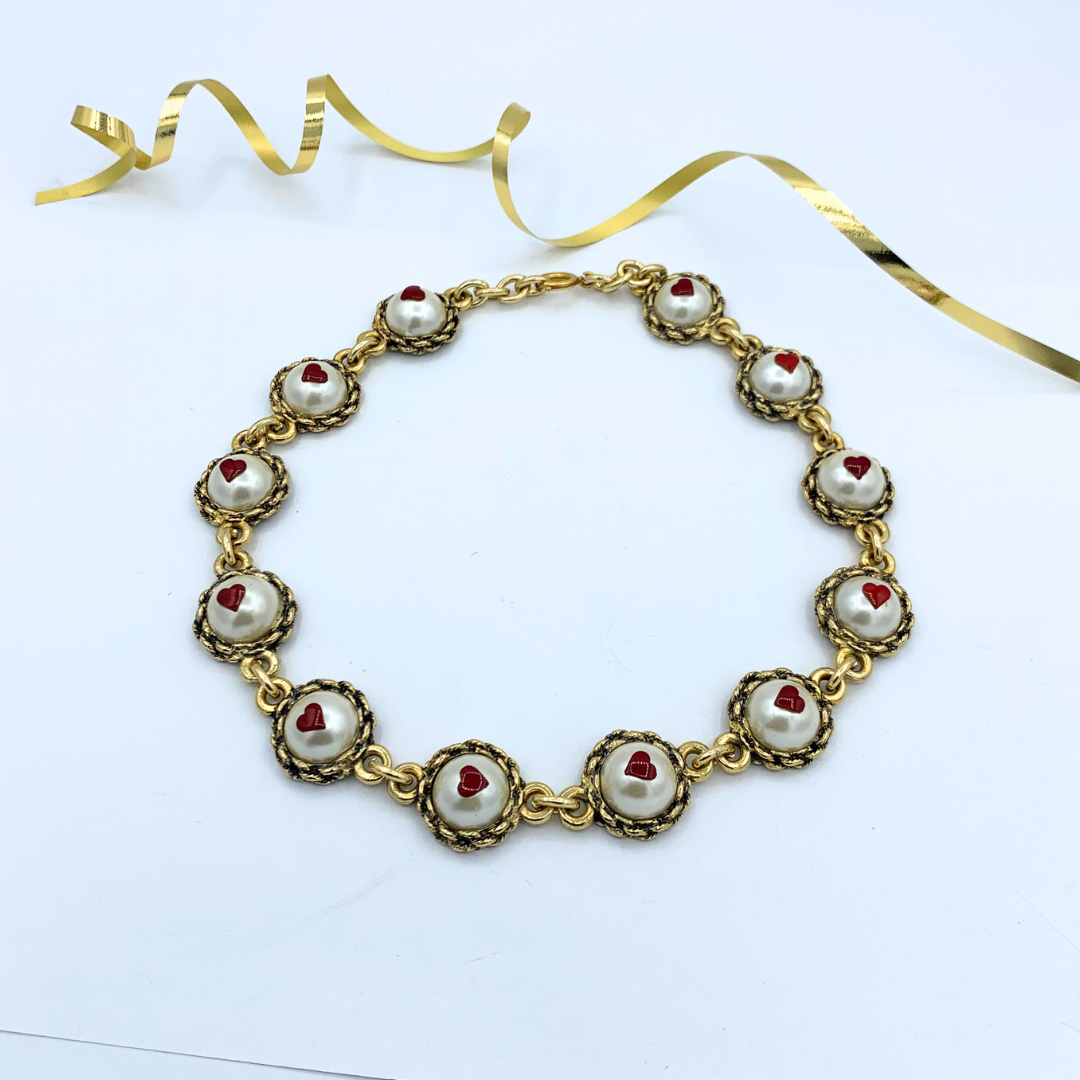 Vintage Moschino Faux Pearl Hearts Necklace