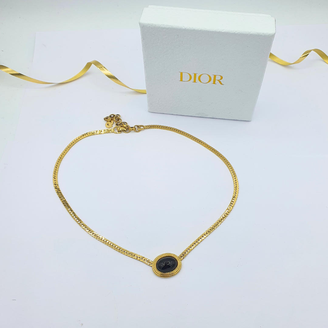 Vintage Christian Dior Black Round Medallion Necklace