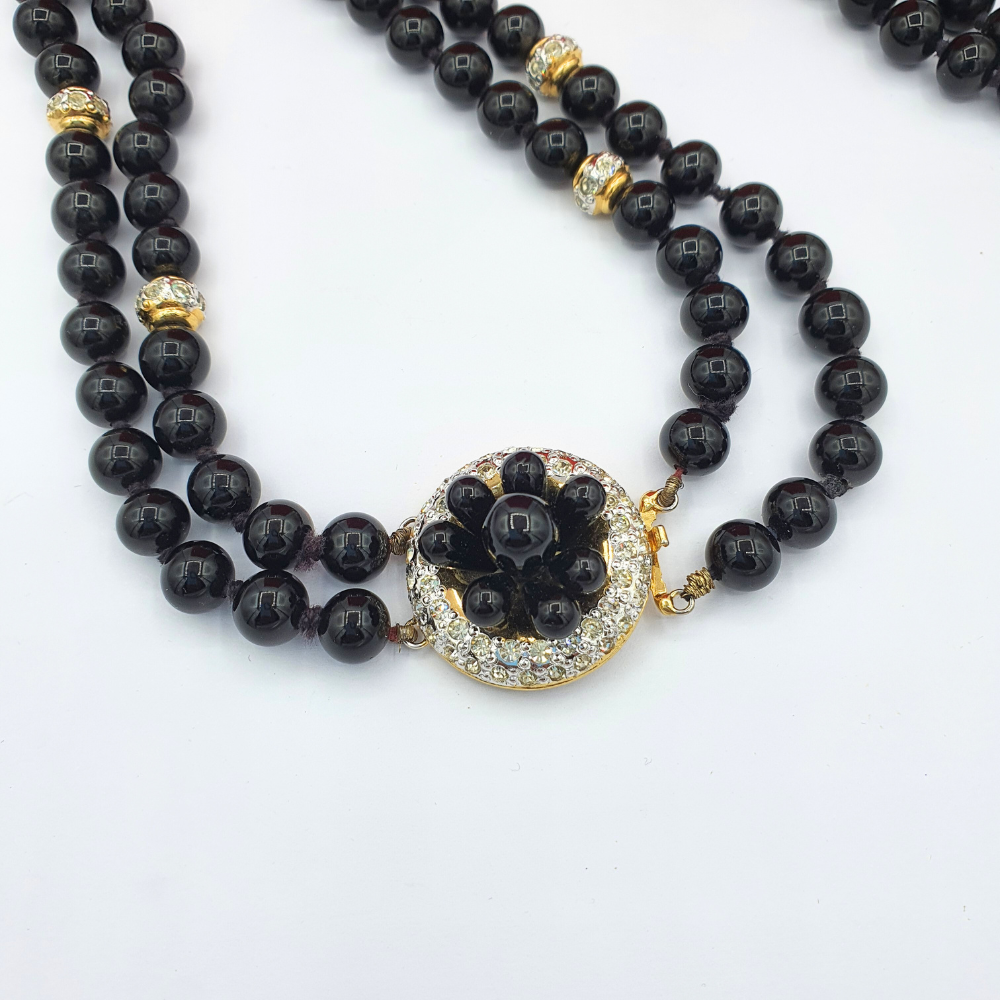 Valentino Garavani Vintage Necklace – Black Glass Beads with Rhinestone Clasp – view 3