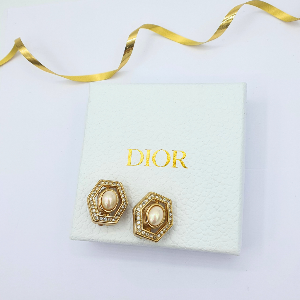 Vintage Christian Dior Hexagonal Faux Pearl Clip Earrings