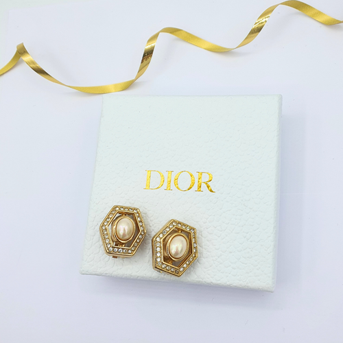 Vintage Christian Dior Hexagonal Faux Pearl Clip Earrings