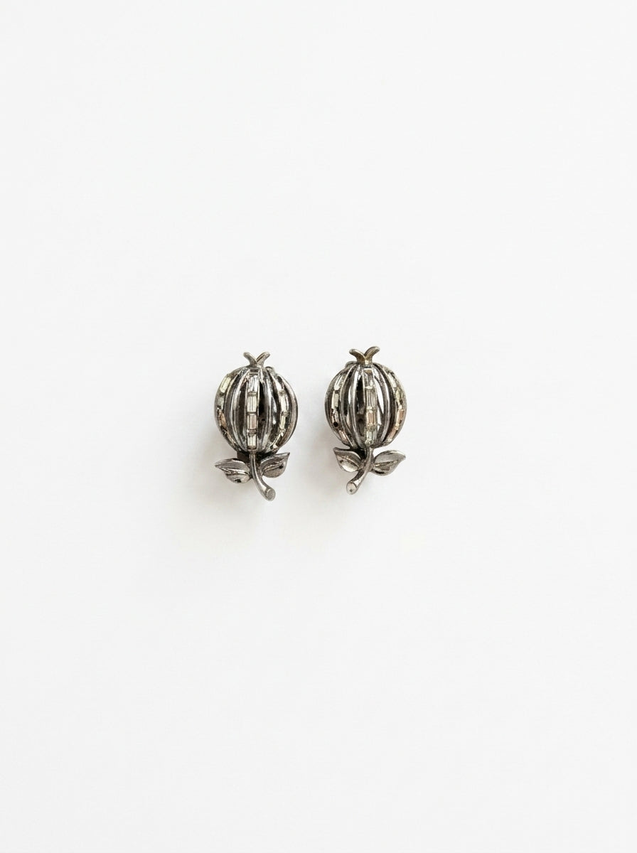 Vintage Trifari Silver-Tone Apple Ear Clips with Crystals
