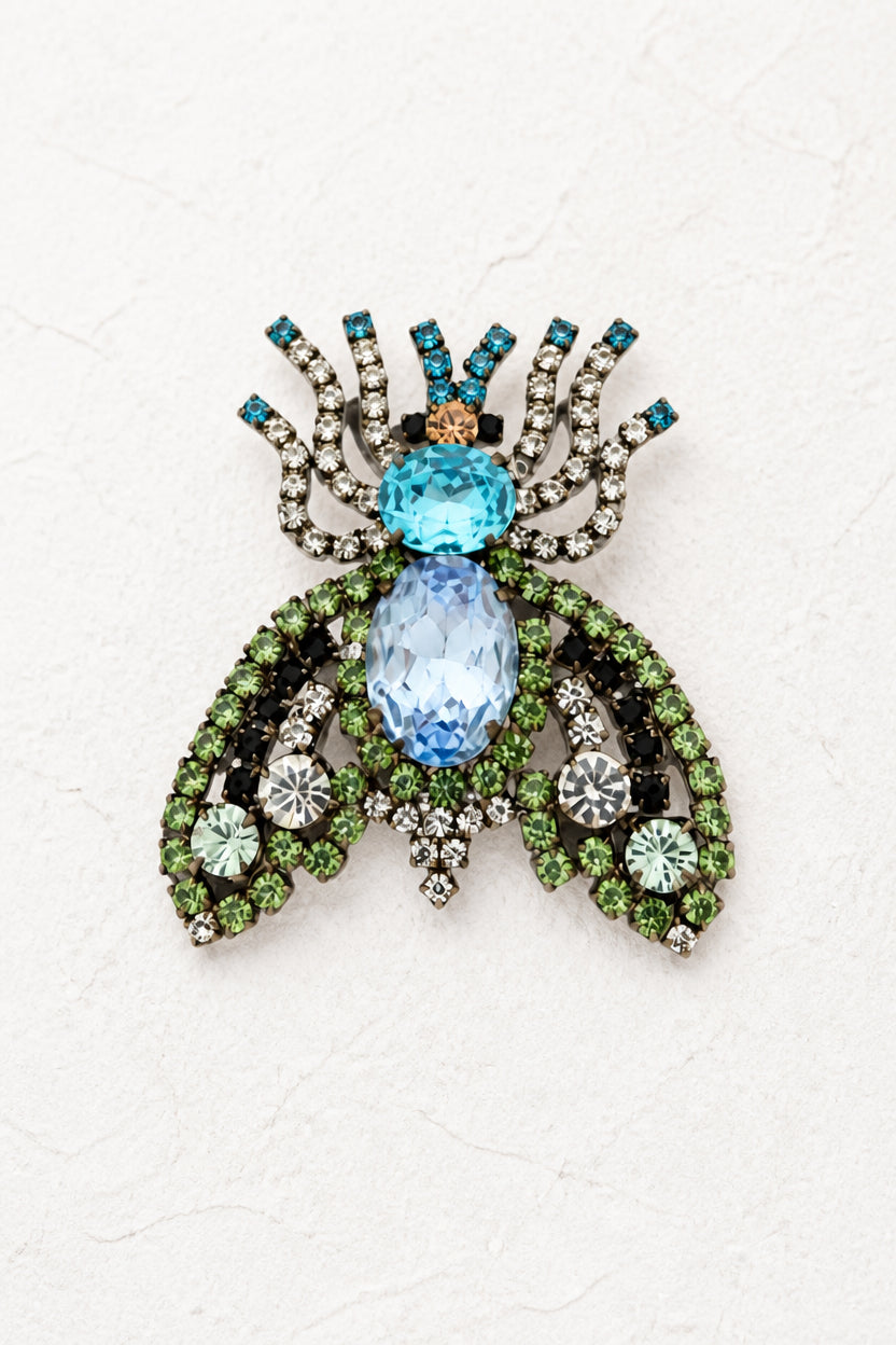 Vintage Blue & Green Crystal Fly Brooch