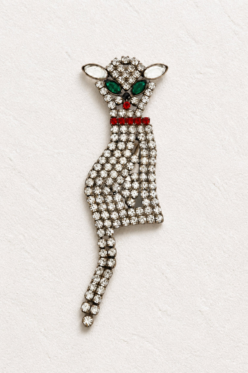 Vintage Clear Crystal Cat Brooch