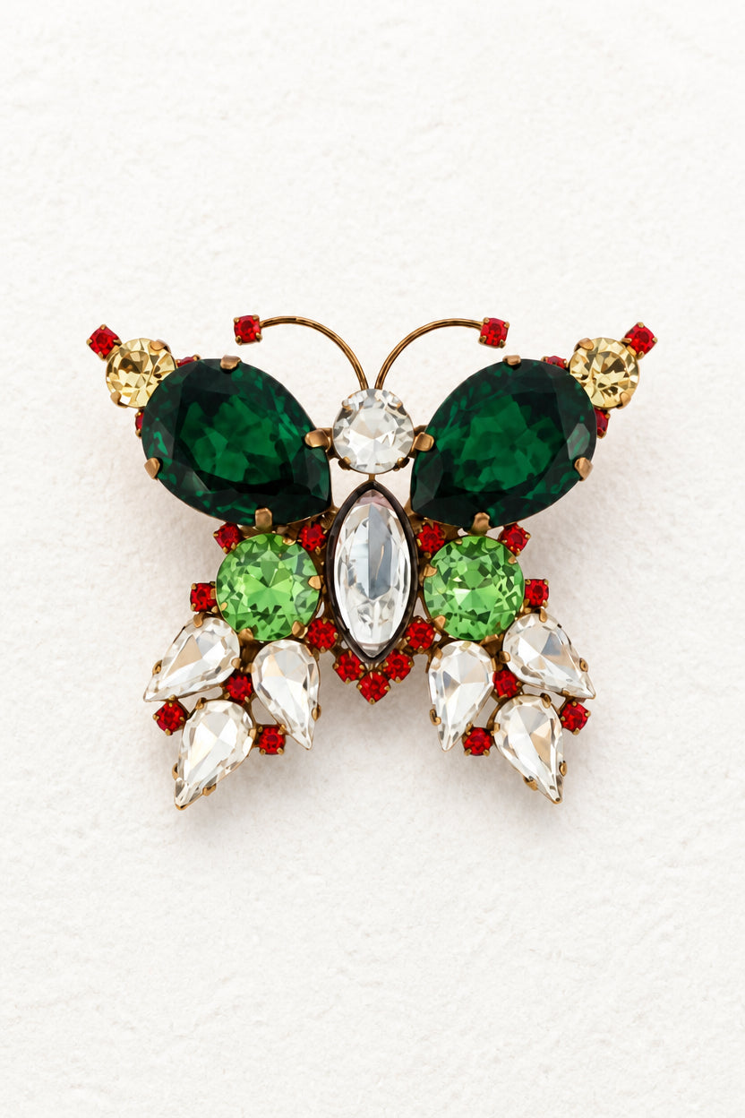 Vintage Emerald & Ruby Crystal Butterfly Brooch
