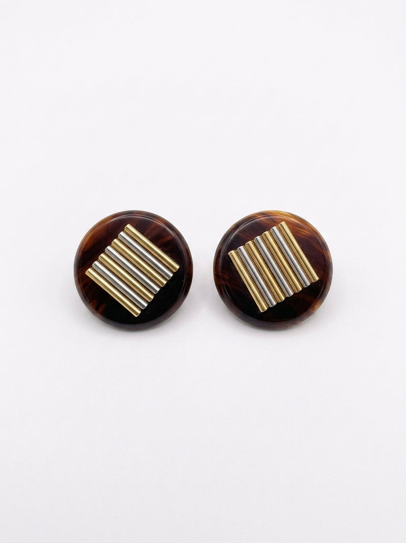 Lanvin Tortoiseshell Round Clip Earrings with Gold & Silver Bars