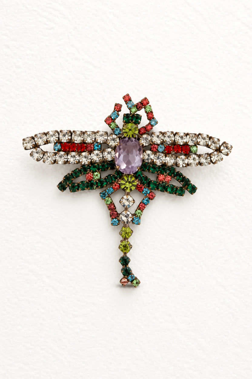 Vintage Multicolour Crystal Dragonfly Brooch