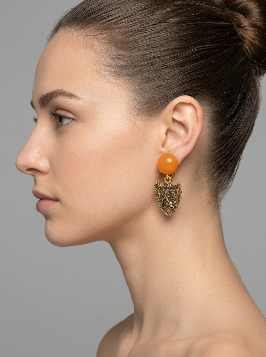 Giorgio Armani Vintage Earrings – Baroque Shield & Amber Cabochon – view 3