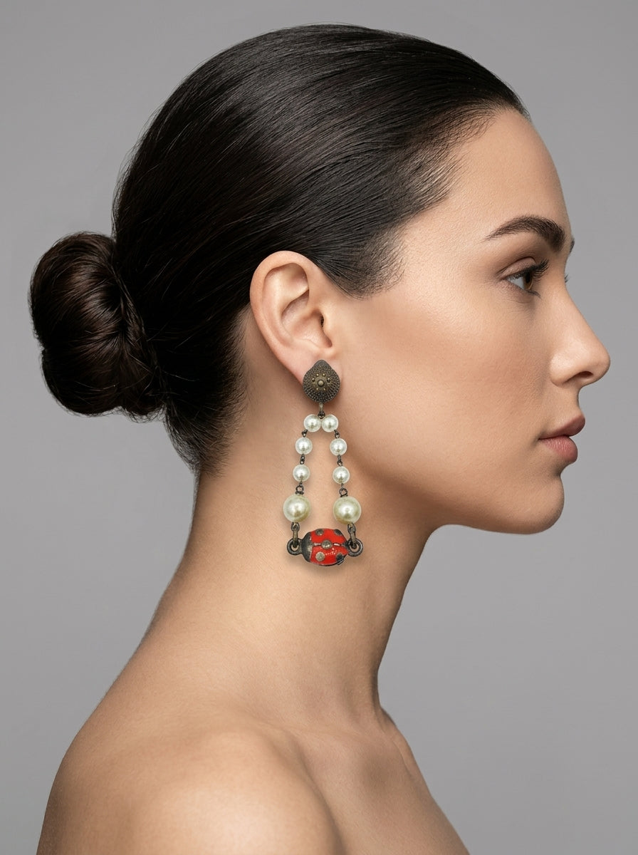 Moschino Vintage Ladybug Earrings – Pearls & Playful Charm – view 2