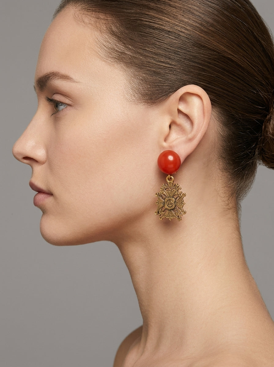 Giorgio Armani Vintage Earrings – Baroque Crest & Coral Cabochon – view 3