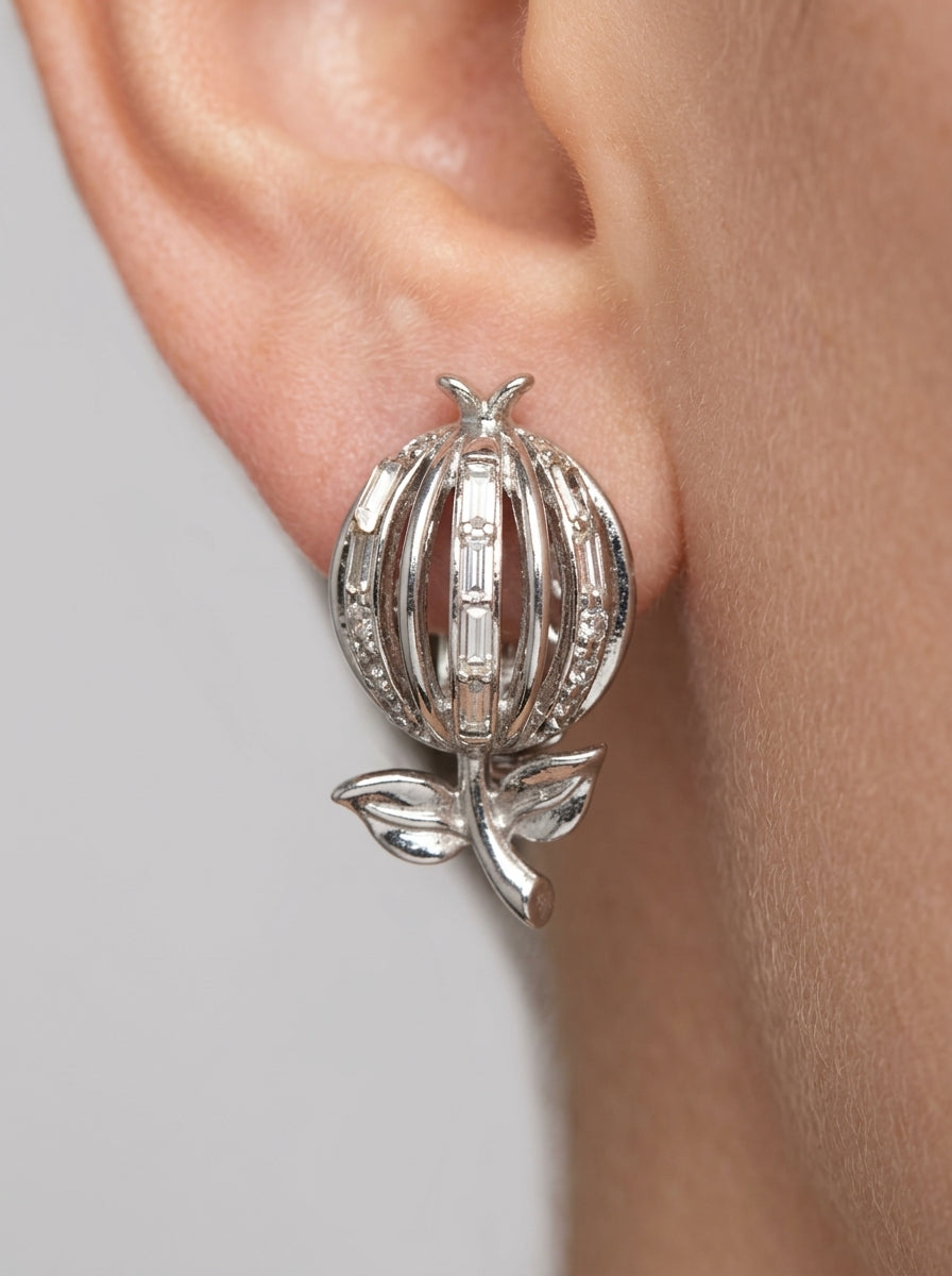 Vintage Trifari Silver-Tone Apple Ear Clips with Crystals – view 4