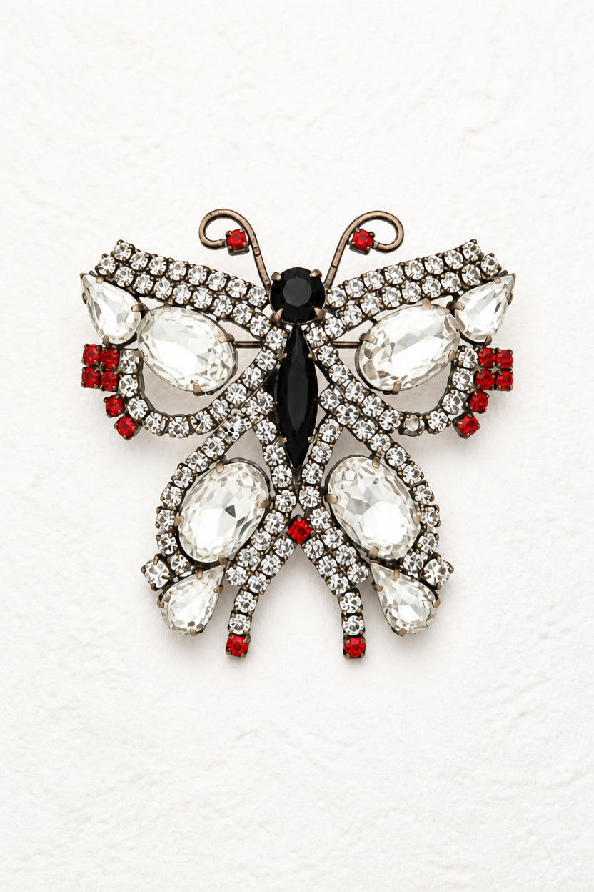 Vintage Black & Clear Crystal Butterfly Brooch
