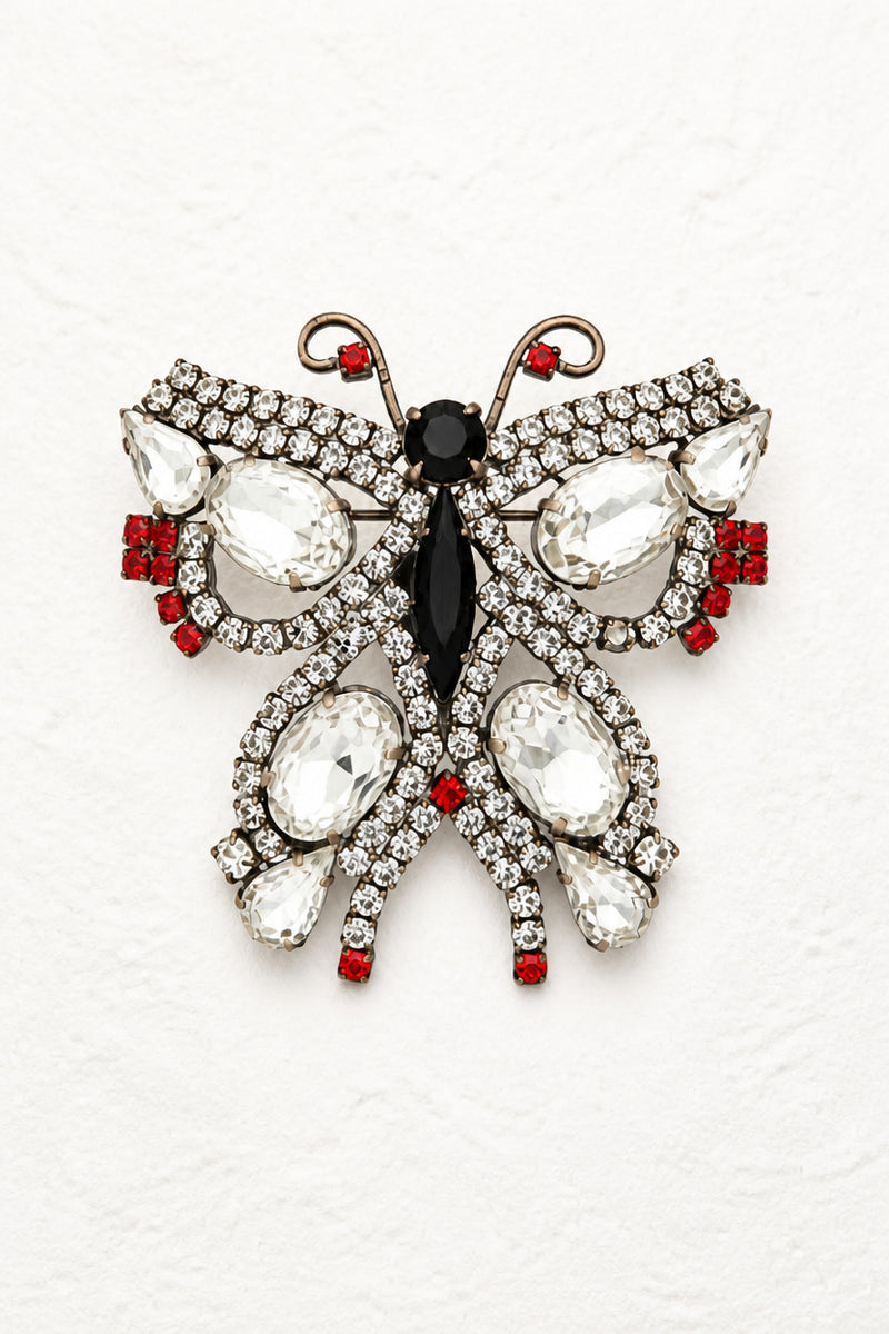 Vintage Black & Clear Crystal Butterfly Brooch