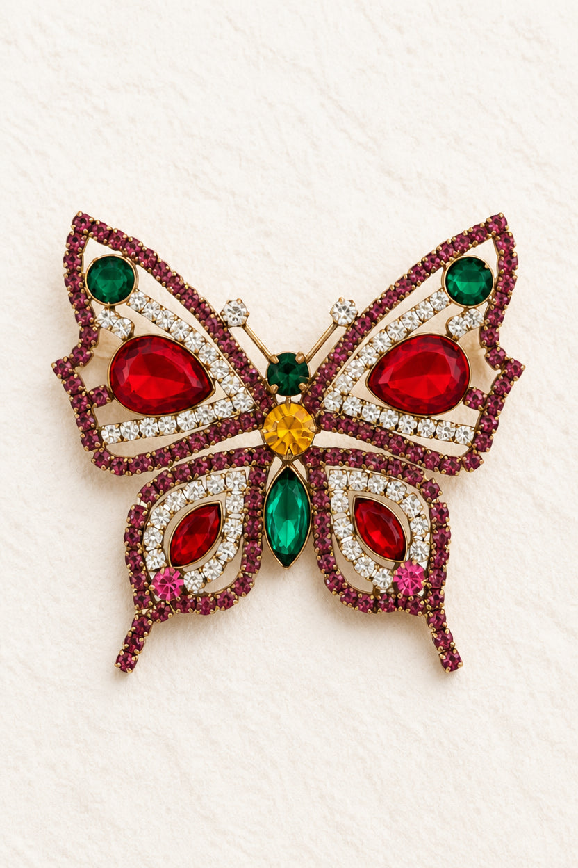 Vintage Ruby & Amethyst Crystal Butterfly Brooch