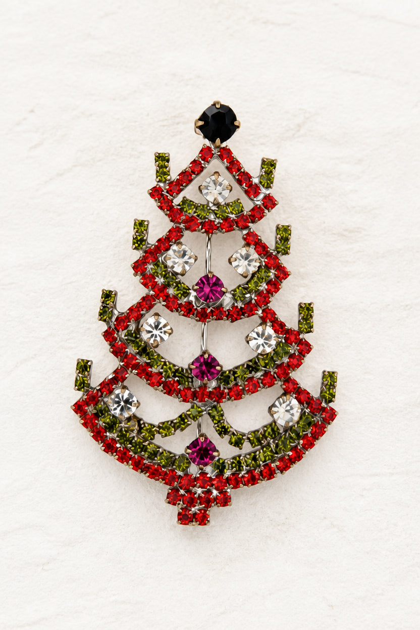 Vintage Red & Green Crystal Christmas Tree Brooch