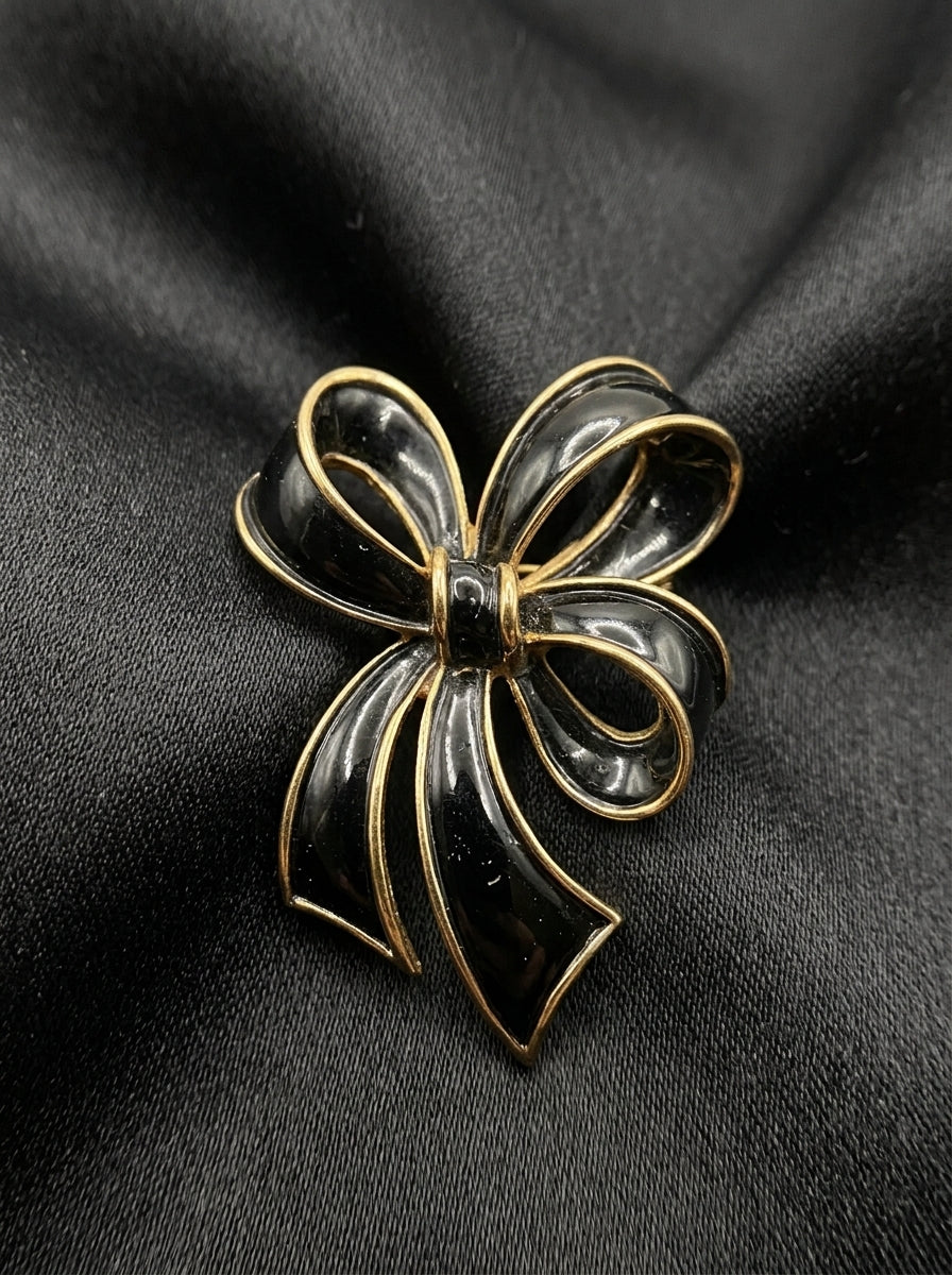 Trifari Vintage Black Enamel Bow Brooch