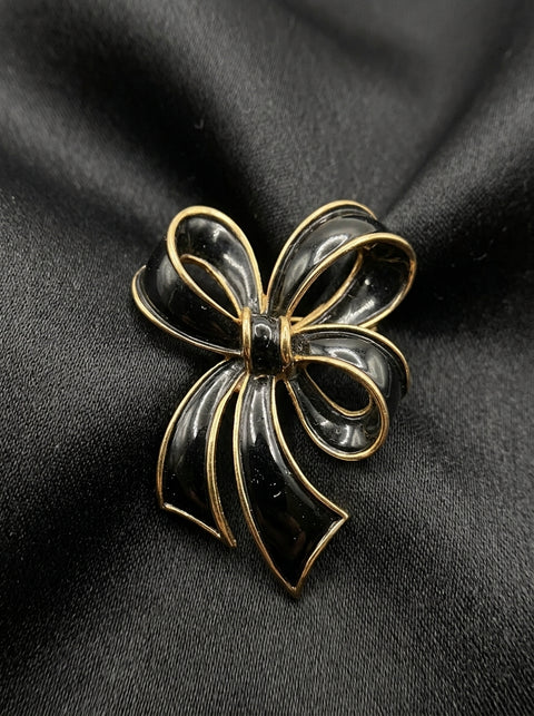 Trifari Vintage Black Enamel Bow Brooch