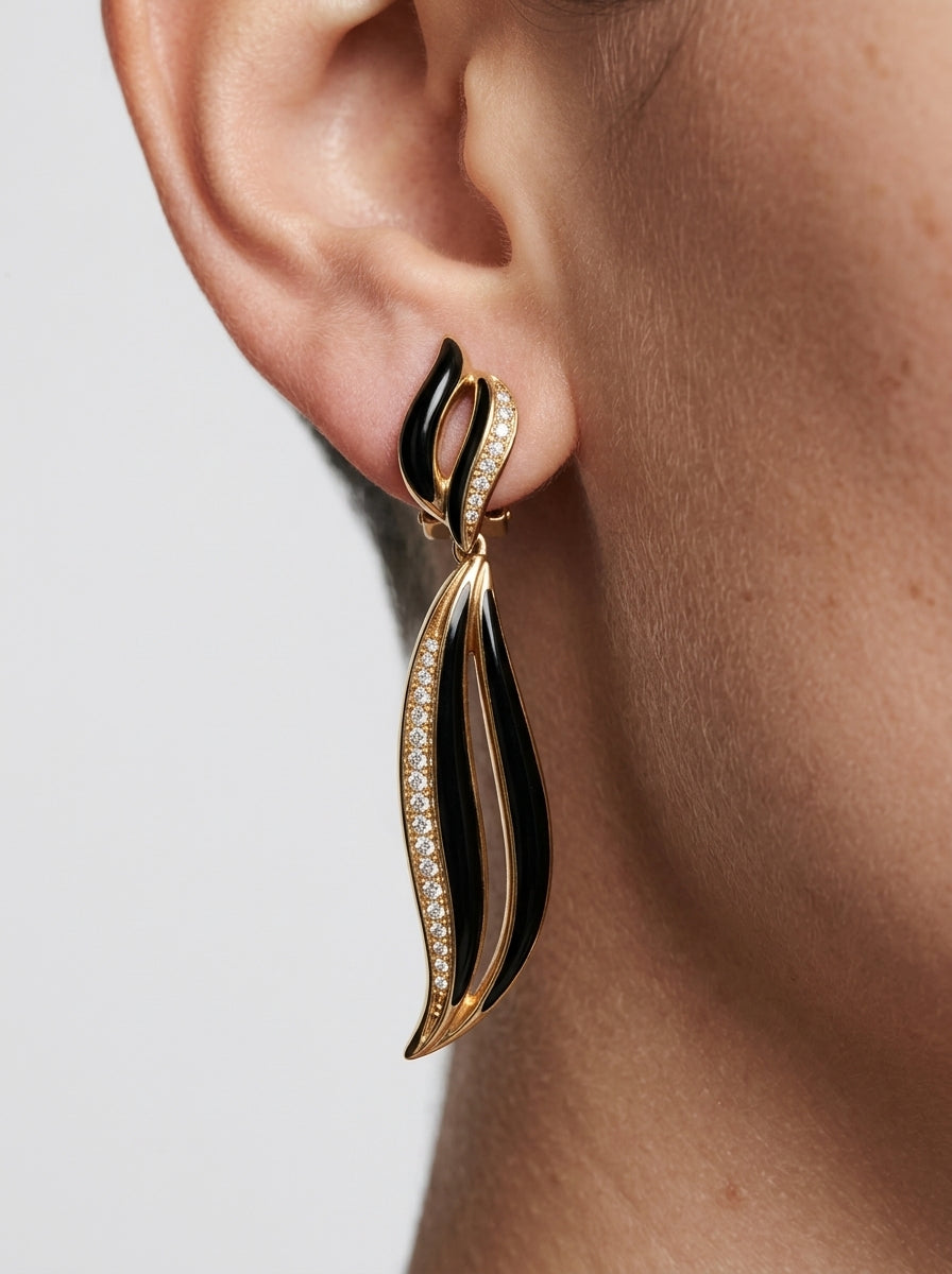 Vintage Christian Dior Clip Earrings Gold Plated Black Enamel Austrian Crystal 1980s – view 2
