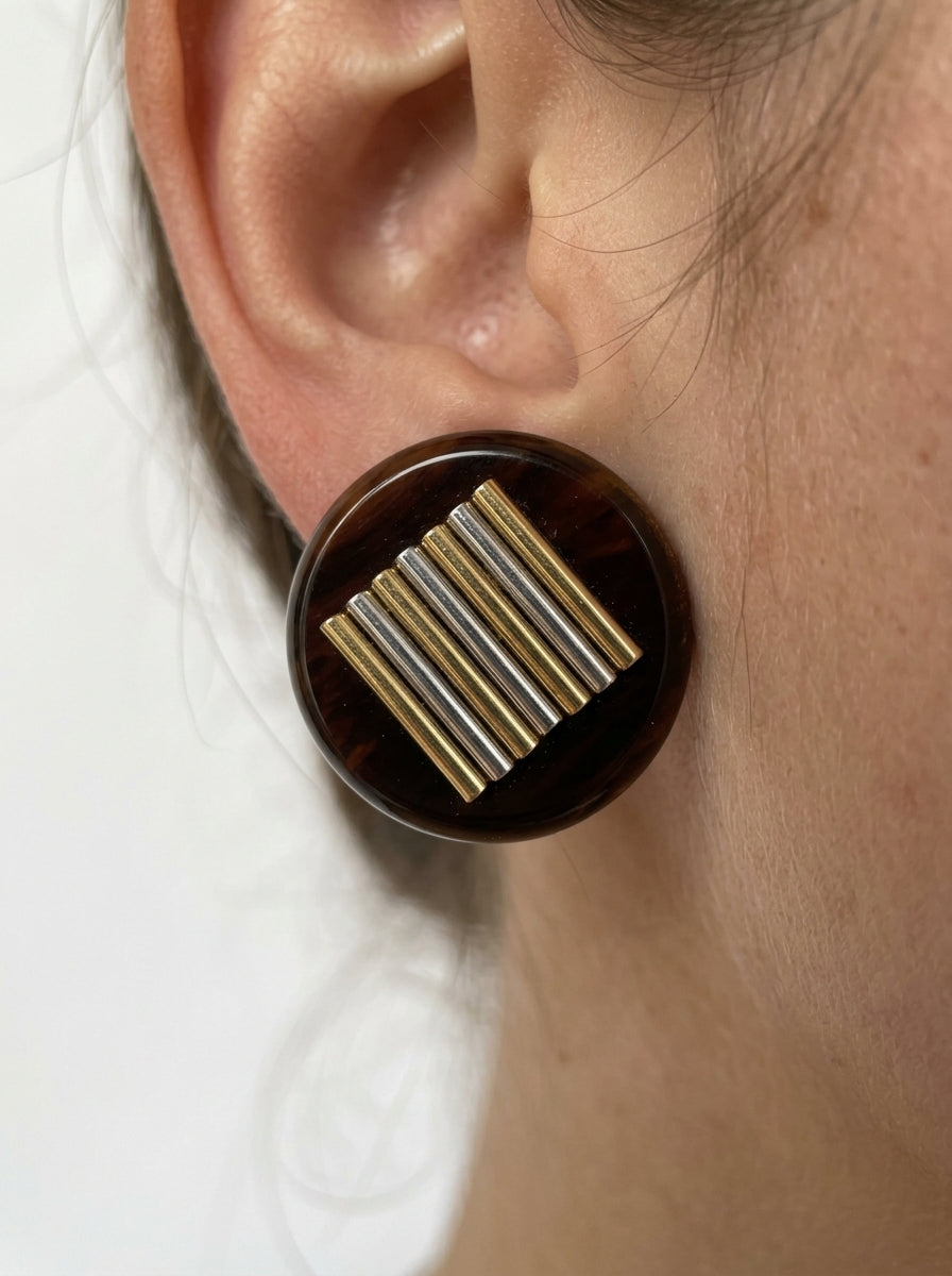 Lanvin Tortoiseshell Round Clip Earrings with Gold & Silver Bars