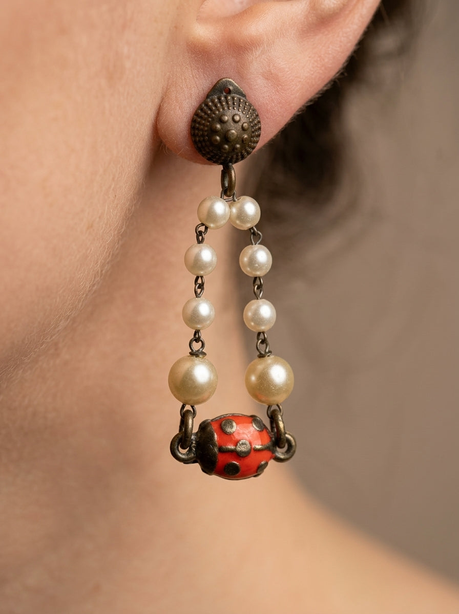 Moschino Vintage Ladybug Earrings – Pearls & Playful Charm – view 3