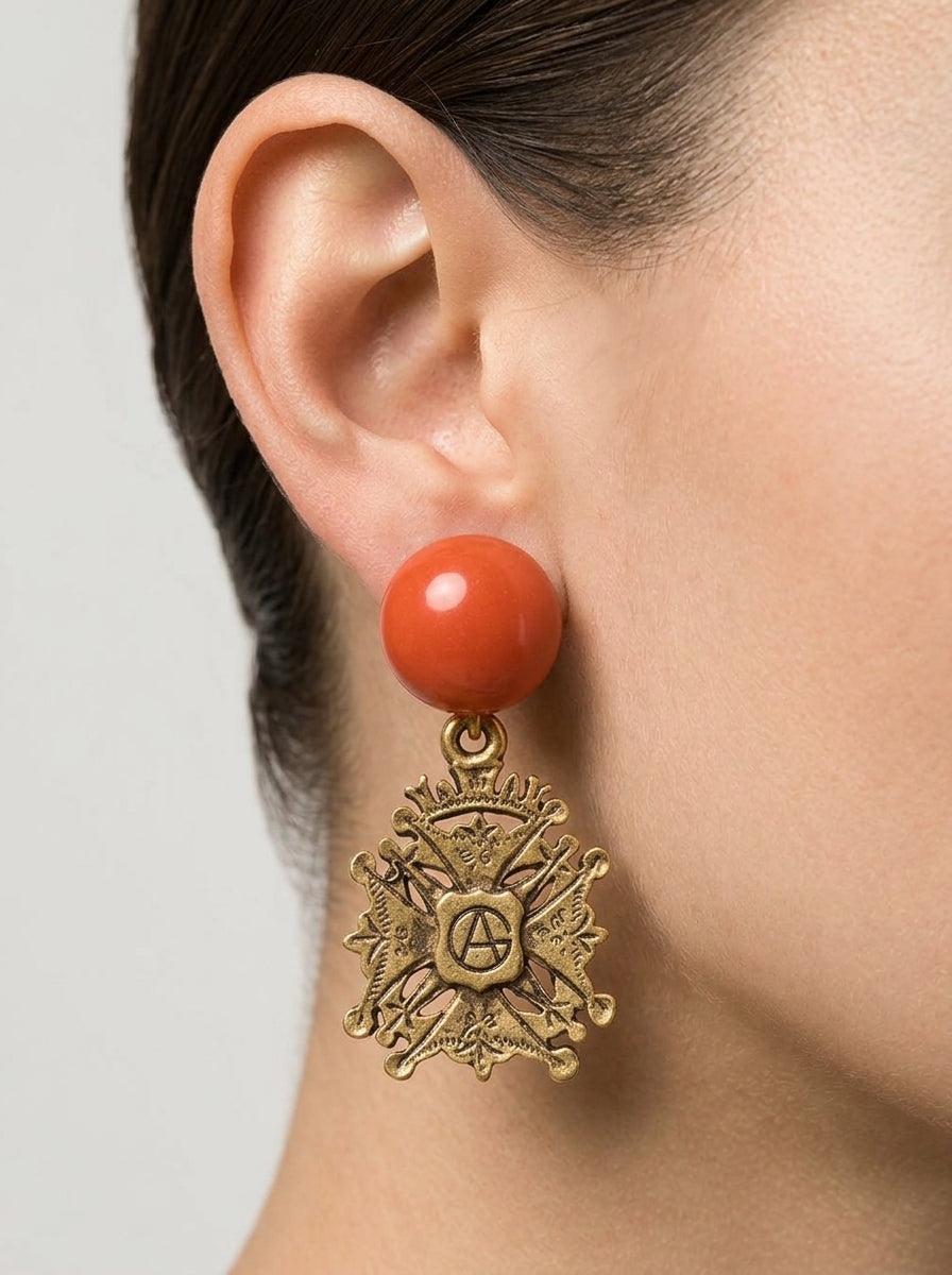 Giorgio Armani Vintage Earrings – Baroque Crest & Coral Cabochon – view 2