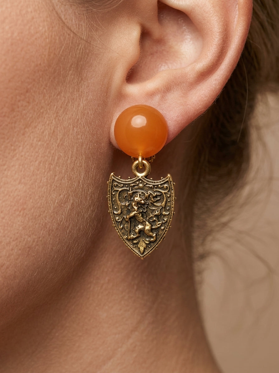 Giorgio Armani Vintage Earrings – Baroque Shield & Amber Cabochon – view 2