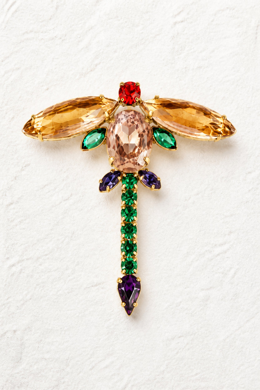 Vintage Dragonfly Brooch with Topaz Crystal Wings