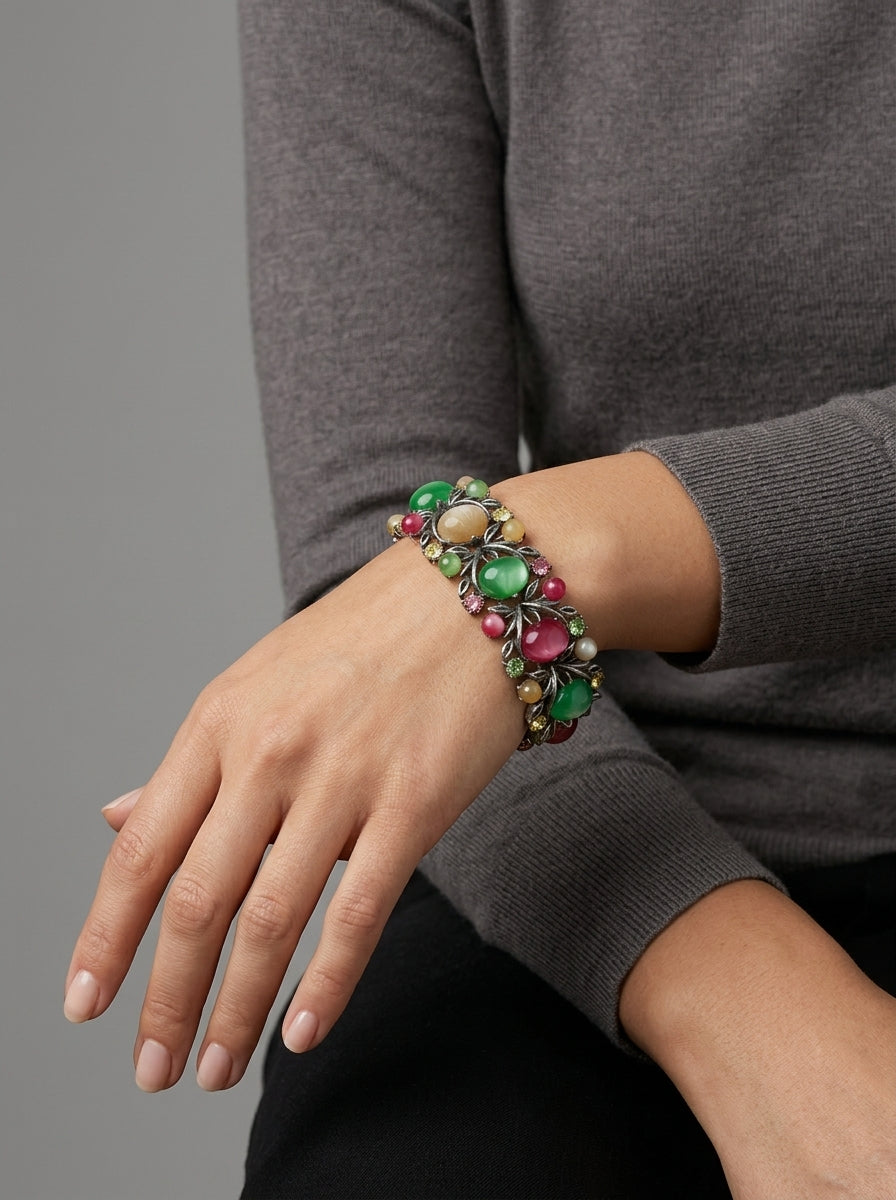 Coro Vintage Bracelet with Green and Pink Cabochons