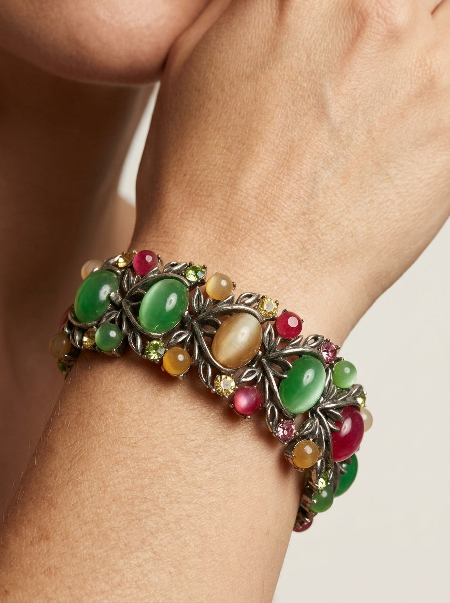 Coro Vintage Bracelet with Green and Pink Cabochons
