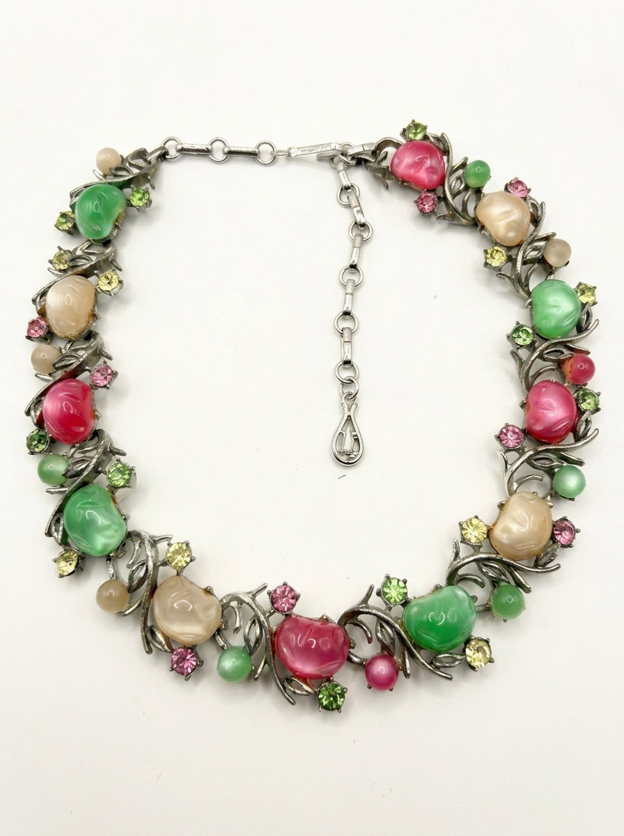 Coro Vintage Necklace with Green and Pink Cabochons