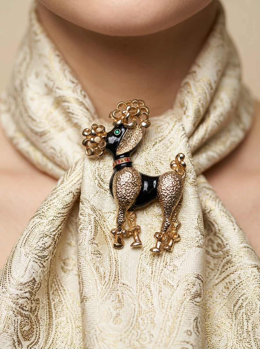 Vintage Gold-Tone Poodle Brooch with Black Accents