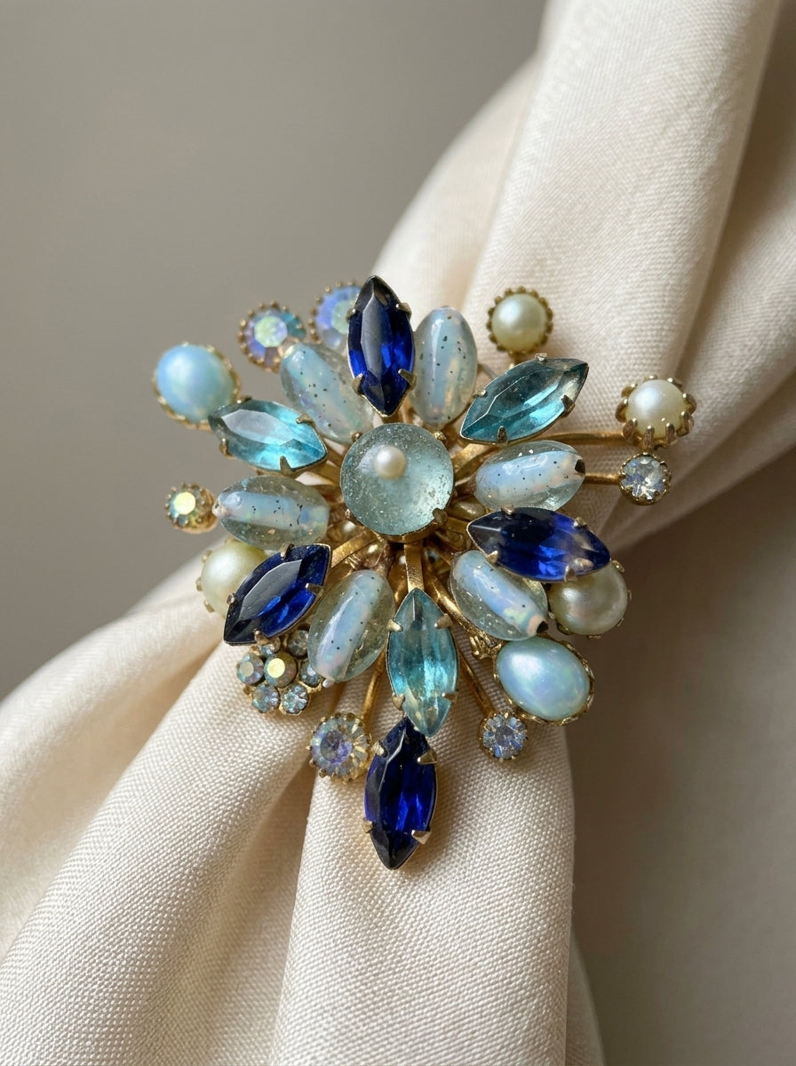 Vintage bloemenbroche met blauwe kristallen en parels