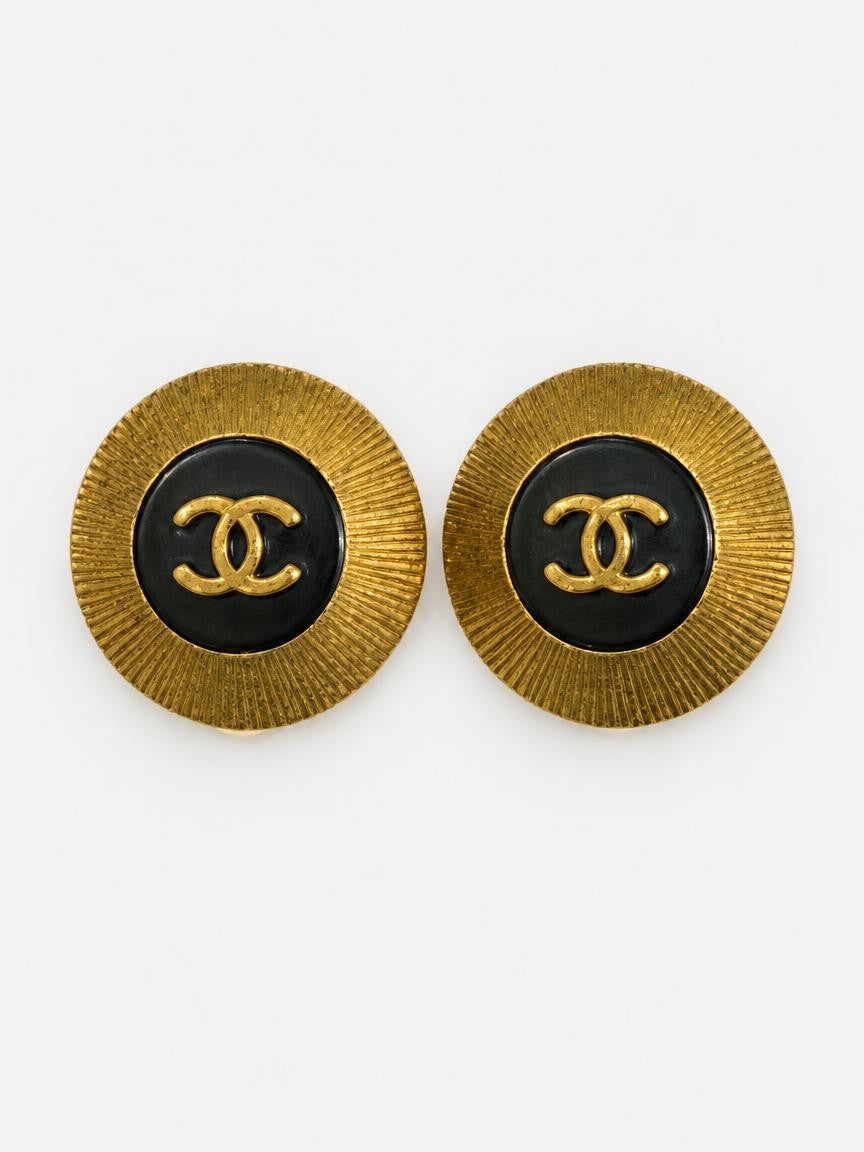 Chanel Sunburst CC Logo Black Clip Earrings