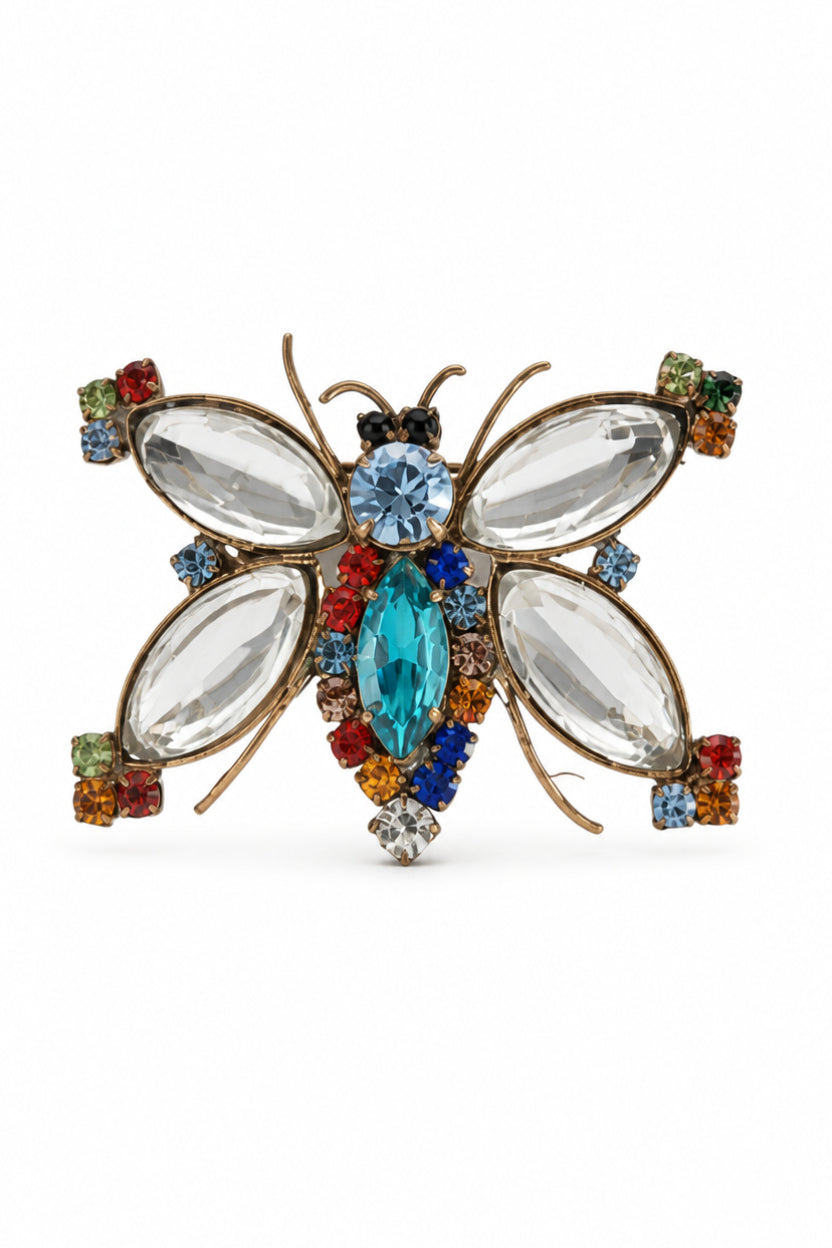 Vintage Butterfly Brooch with Clear Crystal Wings