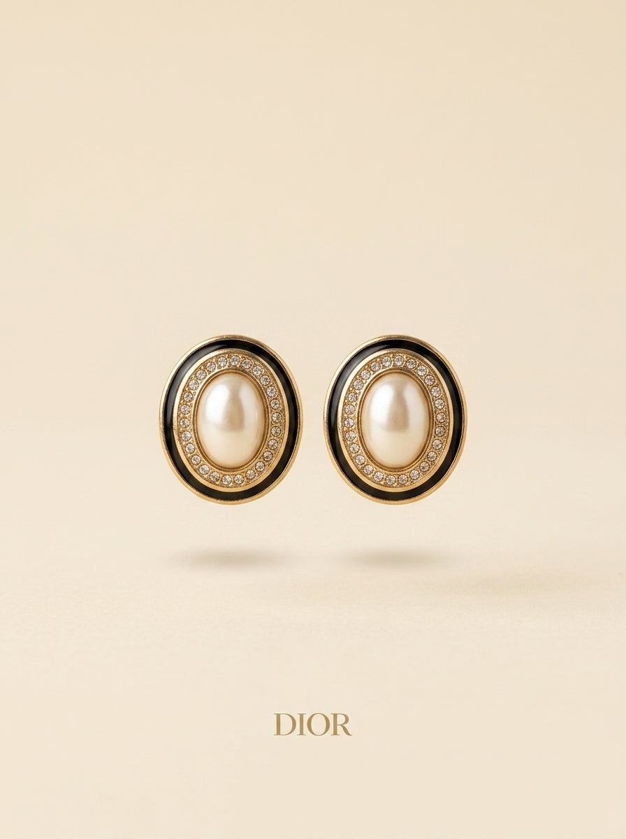 Vintage Christian Dior Oval Faux Pearl & Rhinestone Clip Earrings – view 5