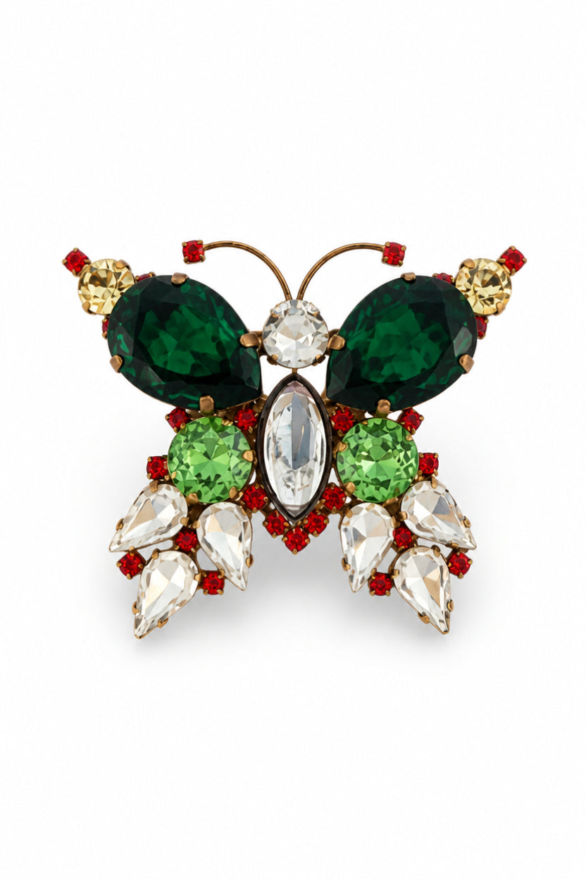 Vintage Emerald & Ruby Crystal Butterfly Brooch