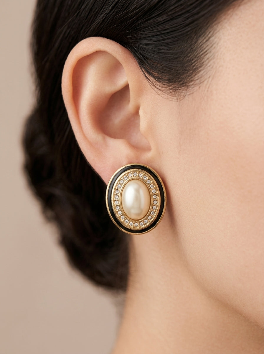 Vintage Christian Dior Oval Faux Pearl & Rhinestone Clip Earrings – view 2