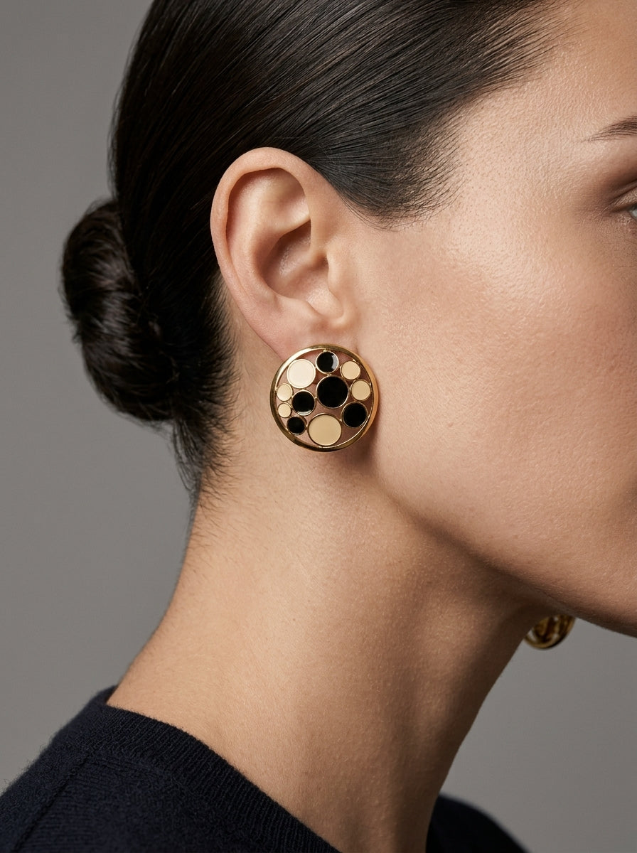 Vintage Trifari – Round Geometric Enamel Earrings – view 2