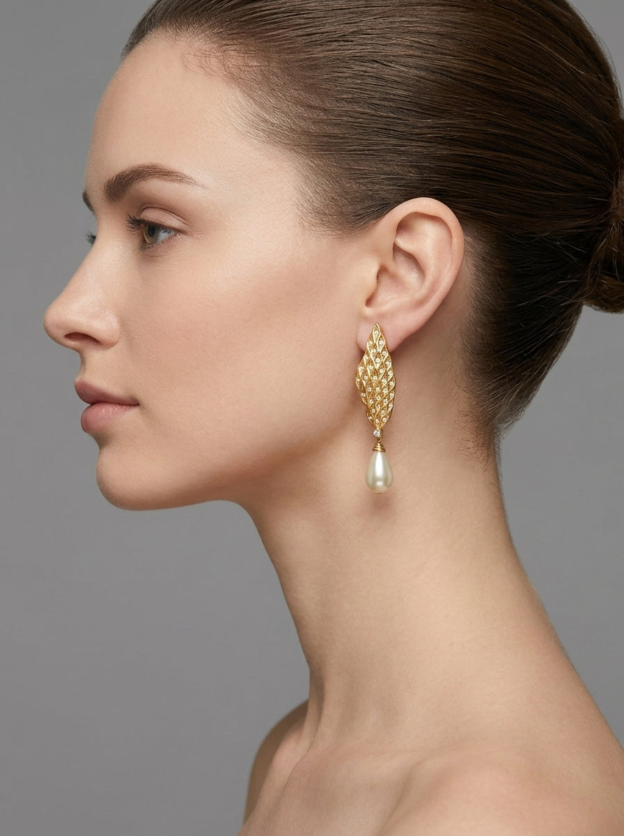Vintage Christian Dior Leaf-Shaped Pearl Clip Earrings – view 3