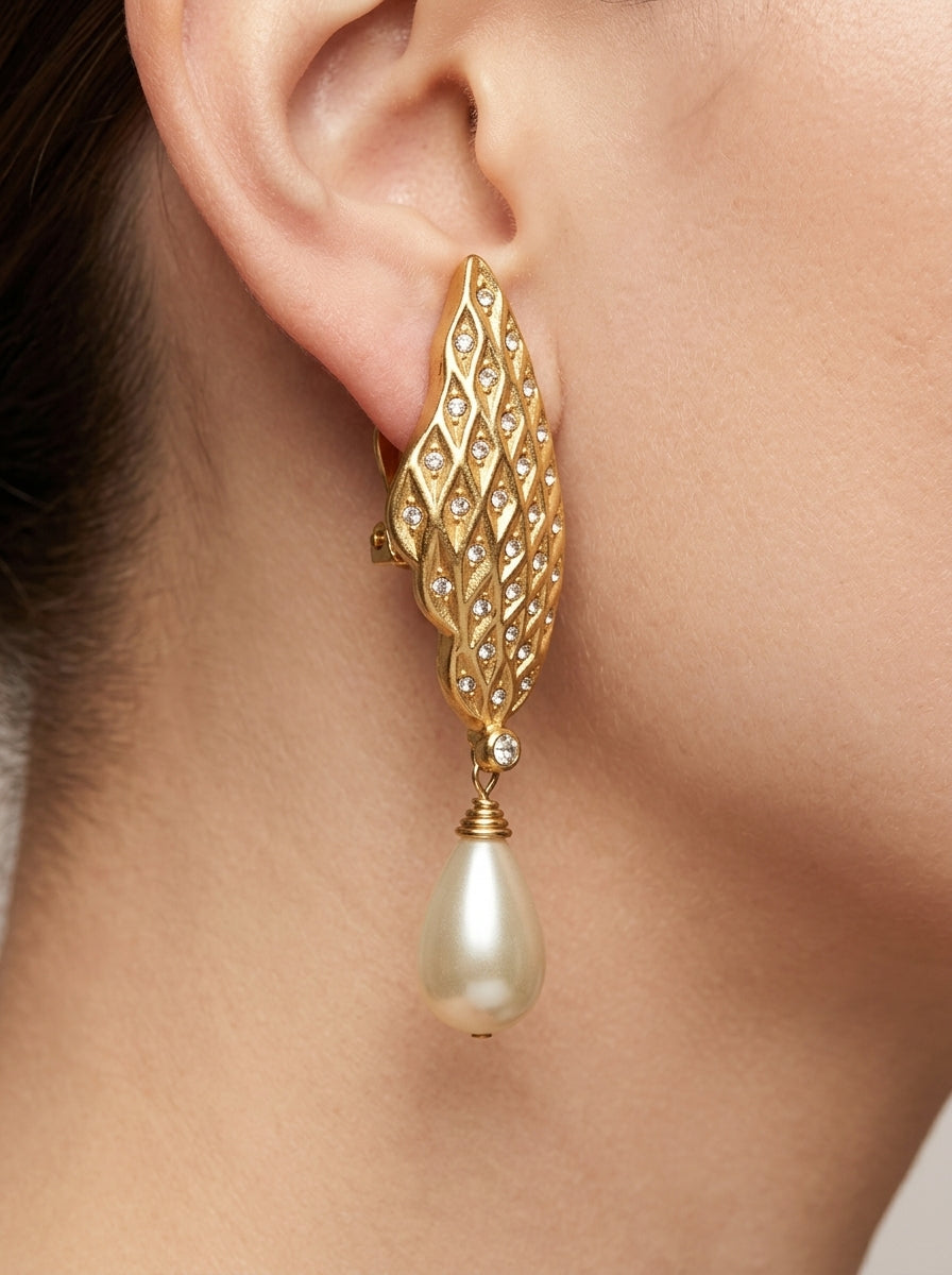 Vintage Christian Dior Leaf-Shaped Pearl Clip Earrings – view 2