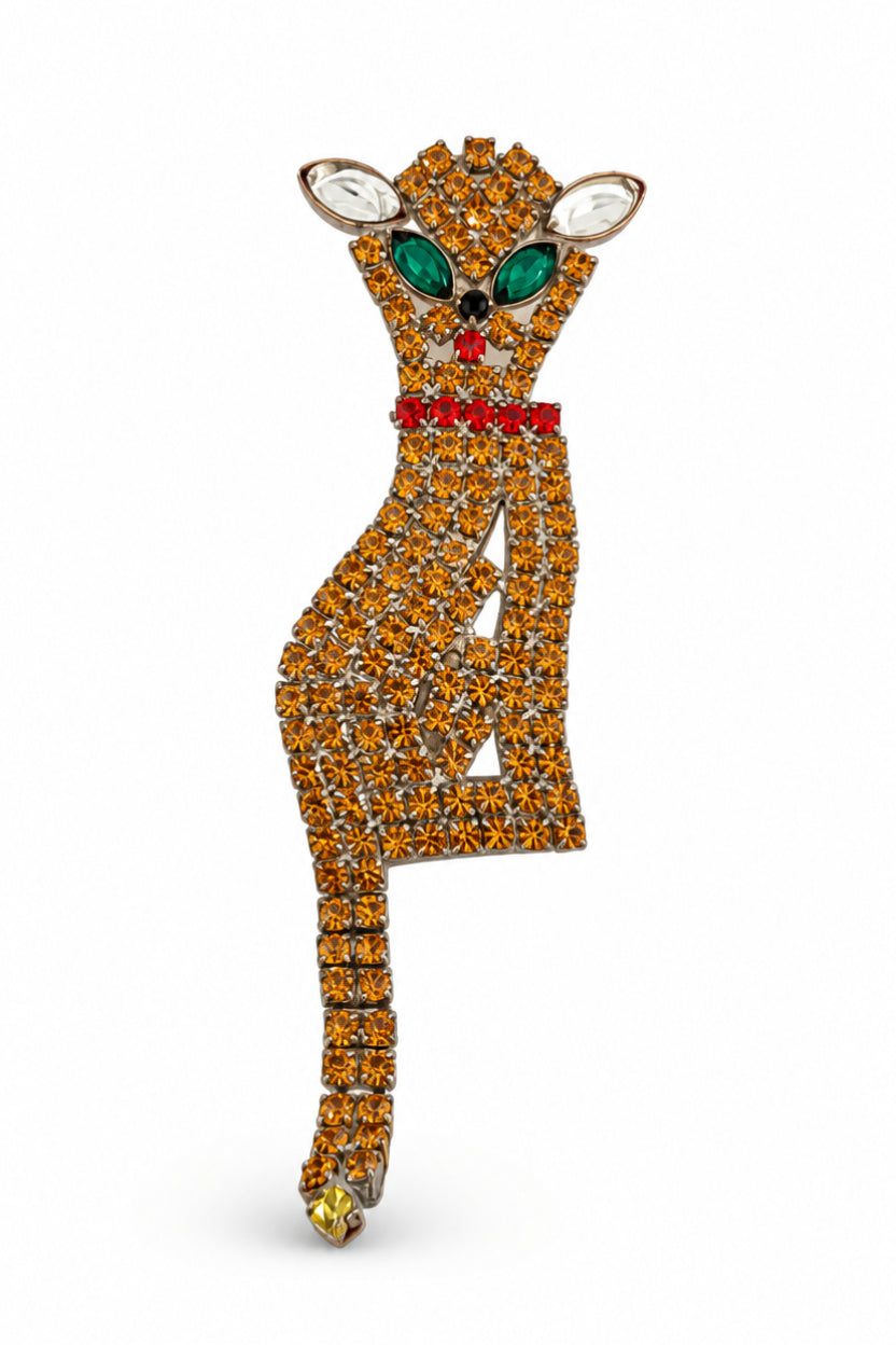 Vintage Topaz Crystal Cat Brooch