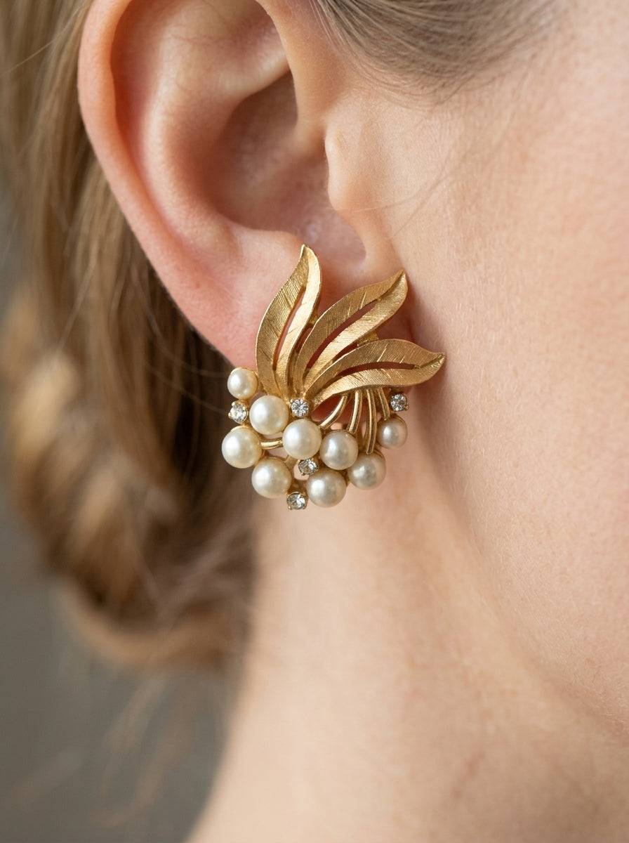 Vintage Trifari – Leaf Earrings with Pearls – view 2
