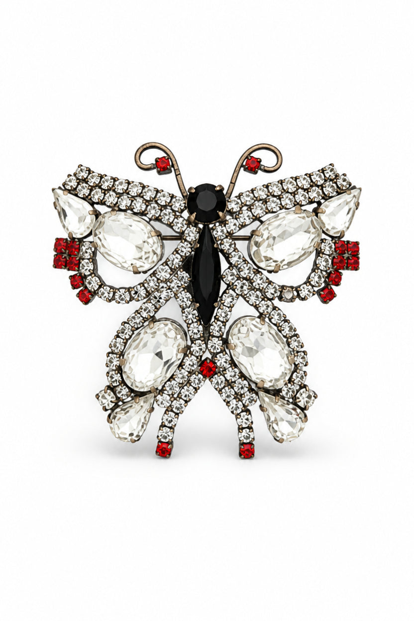 Vintage Black & Clear Crystal Butterfly Brooch