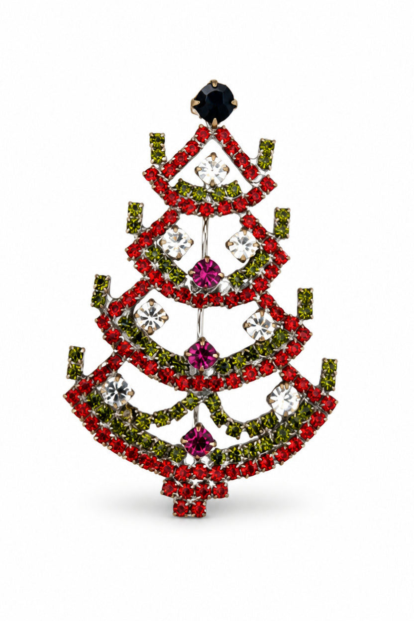 Vintage Red & Green Crystal Christmas Tree Brooch